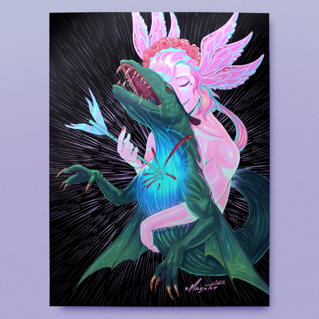 Predator’s Embrace An angelic figure crowned with roses tenderly embraces a monstrous green serpent-like creature, set against a dramatic black background with sharp light rays by Magnta