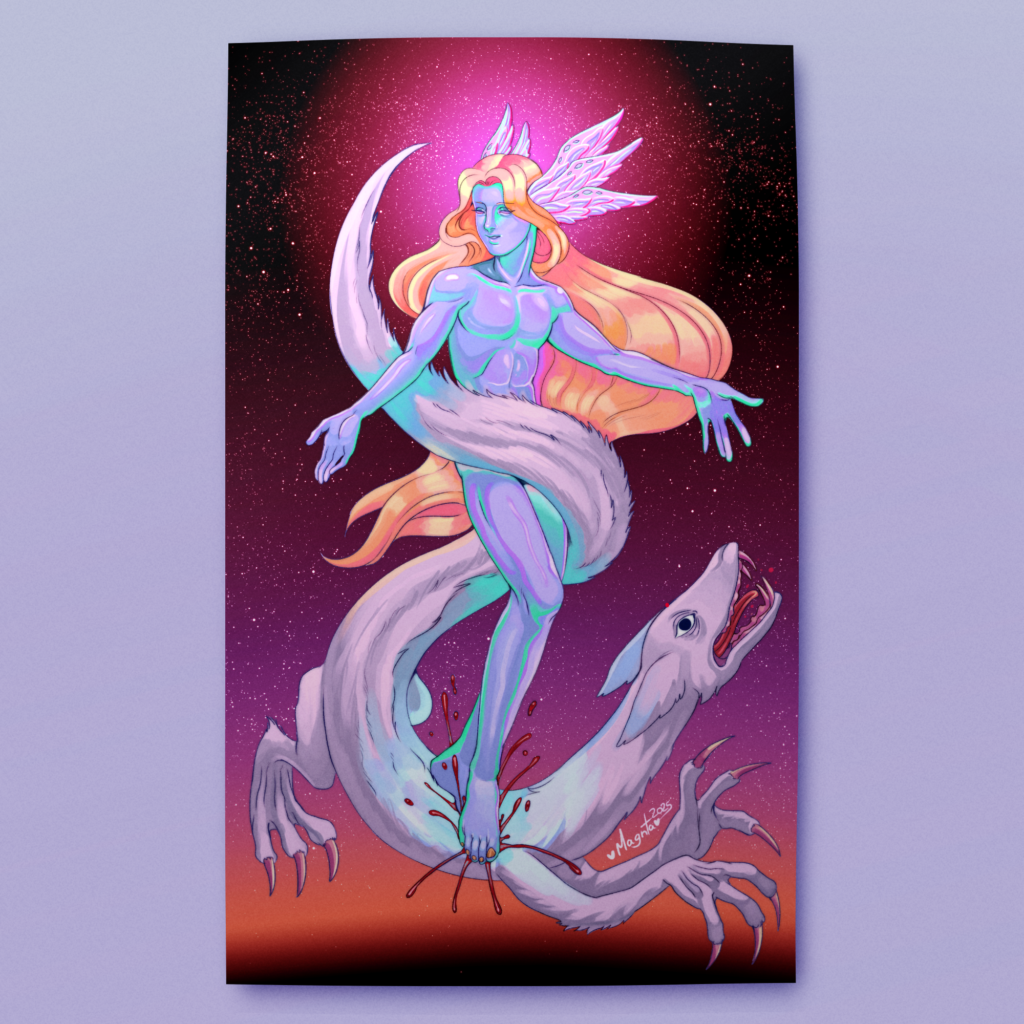 Seraph of the Sunset A serene angel with glowing hair rests in calm water, with sunset reflections blending soft purples, oranges, and blues. by Magnta