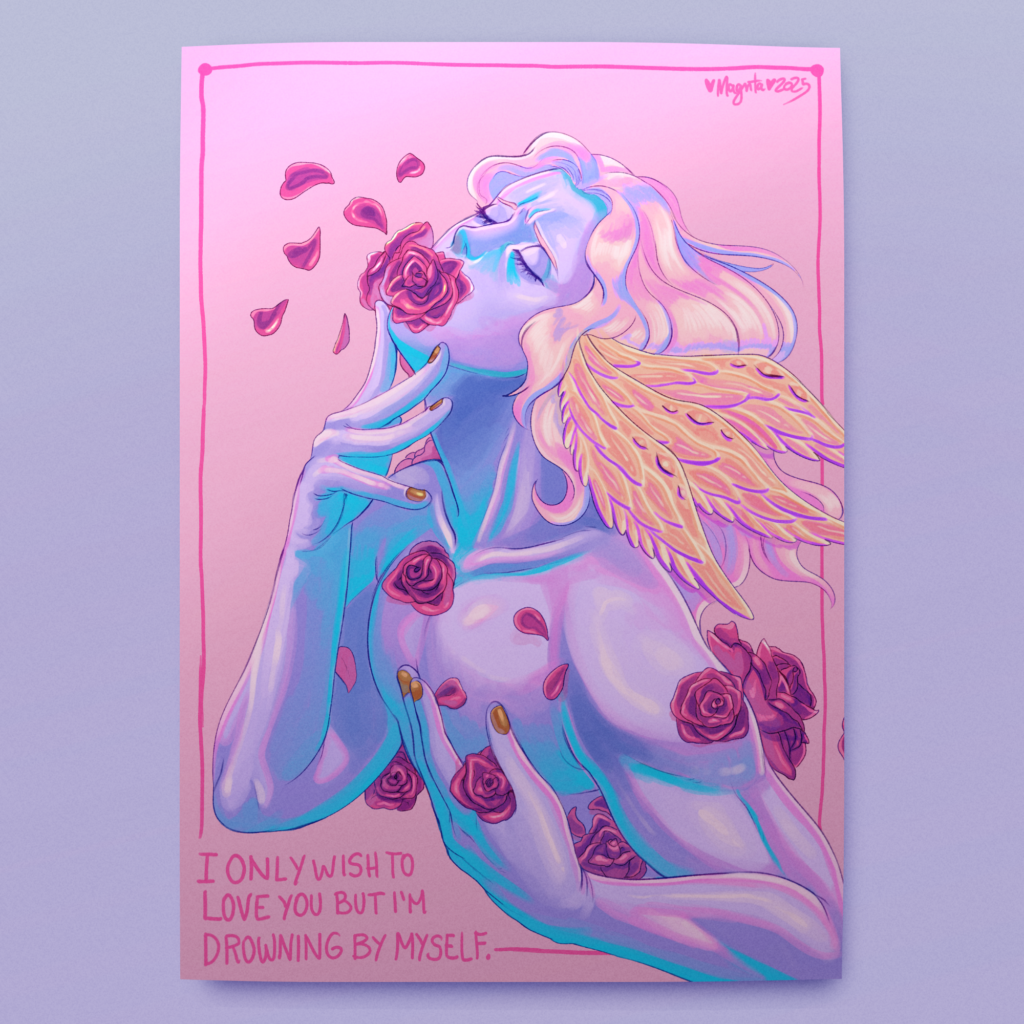 Drowning in Roses A sorrowful angelic figure with golden wings is surrounded by wilting rose petals, framed in soft pink and lavender tones by Magnta