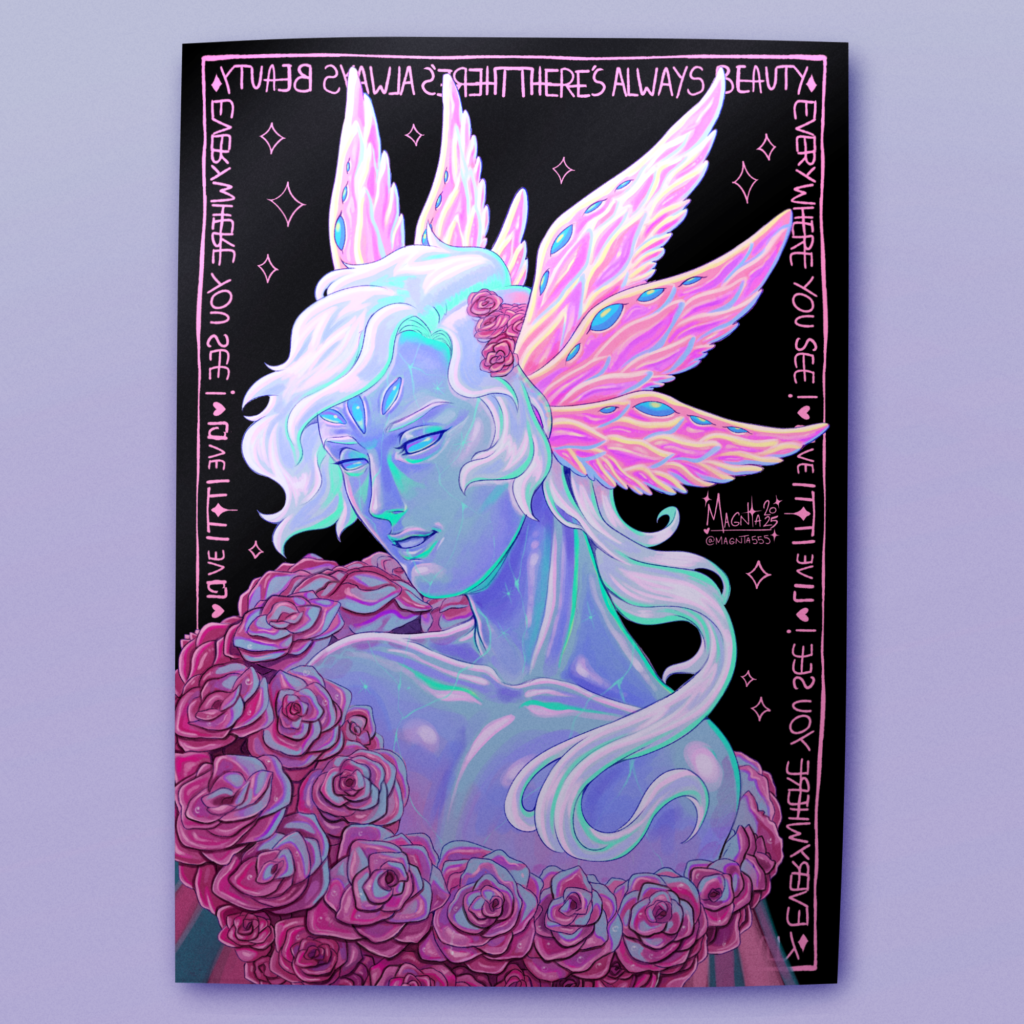 Ethereal angelic figure with glowing white hair and iridescent wings, surrounded by blooming roses on a dark background. Neon hues of pink and blue dominate the composition by Magnta