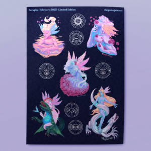 Limited edition sticker sheet featuring five unique seraph angel illustrations and mystical sigils, printed on glitter-laminated paper with a celestial fantasy theme by Magnta.