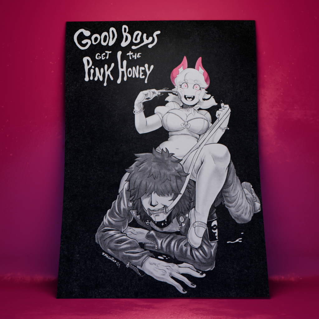 Good Boys Get the Pink Honey - Erotic Fantasy Powerplay Demon Girl Art Print with Punk Aesthetic