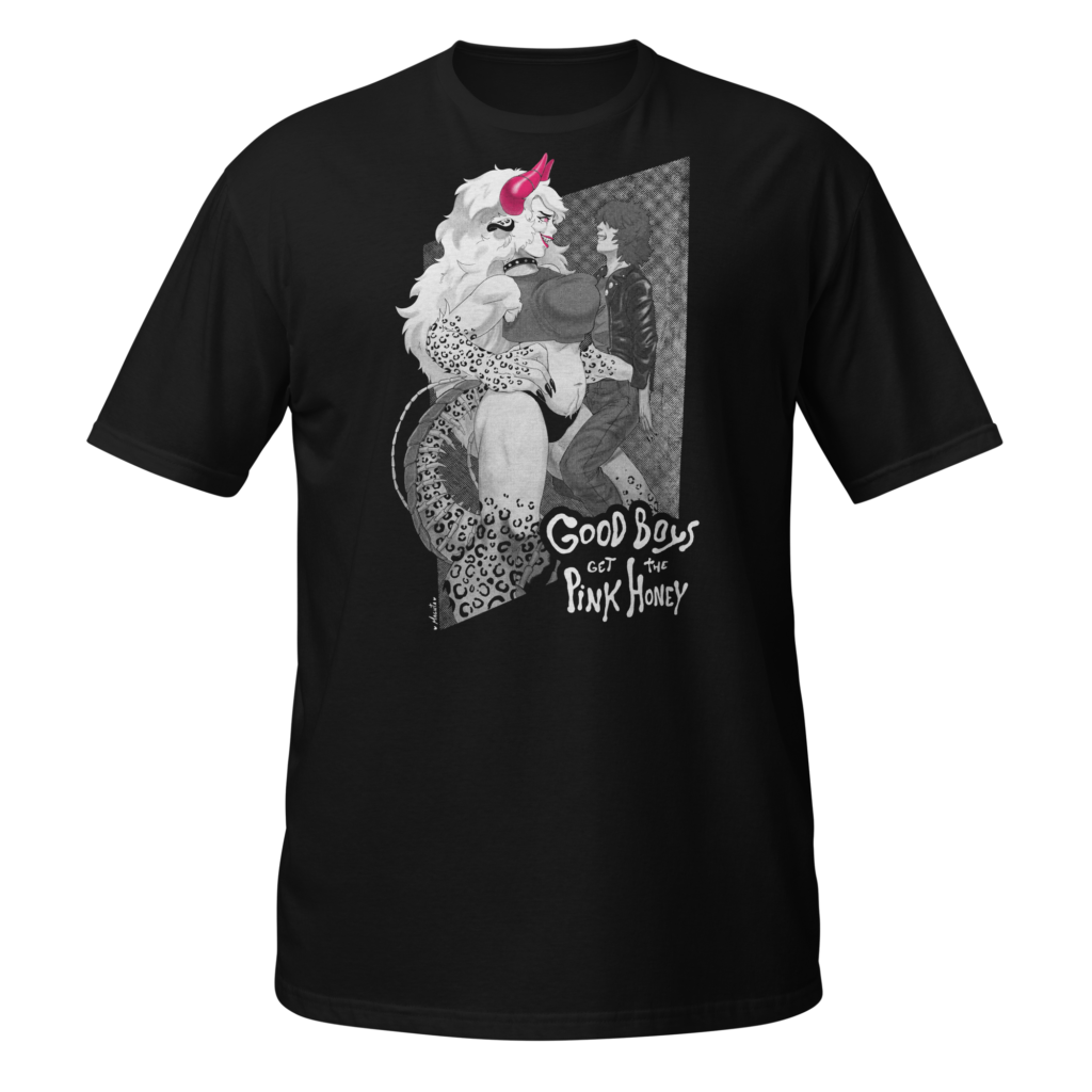 Good Boys get the Pink Honey - Fantasy Erotic Giantess Dominant Punk Girl Tee with towering demon girl artwork