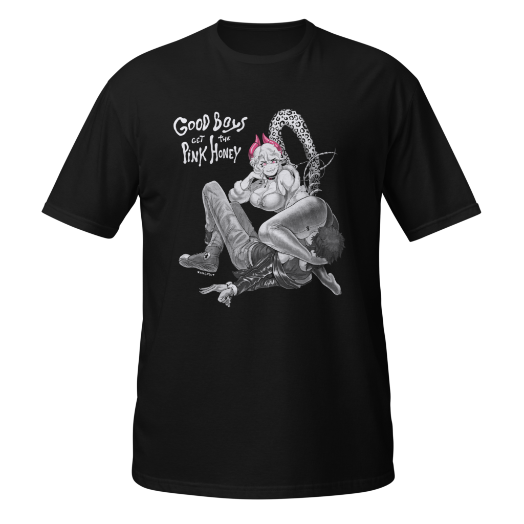 Good Boys get the Pink Honey - Dark fantasy and erotic powerplay t-shirt with demon girl and punk boy