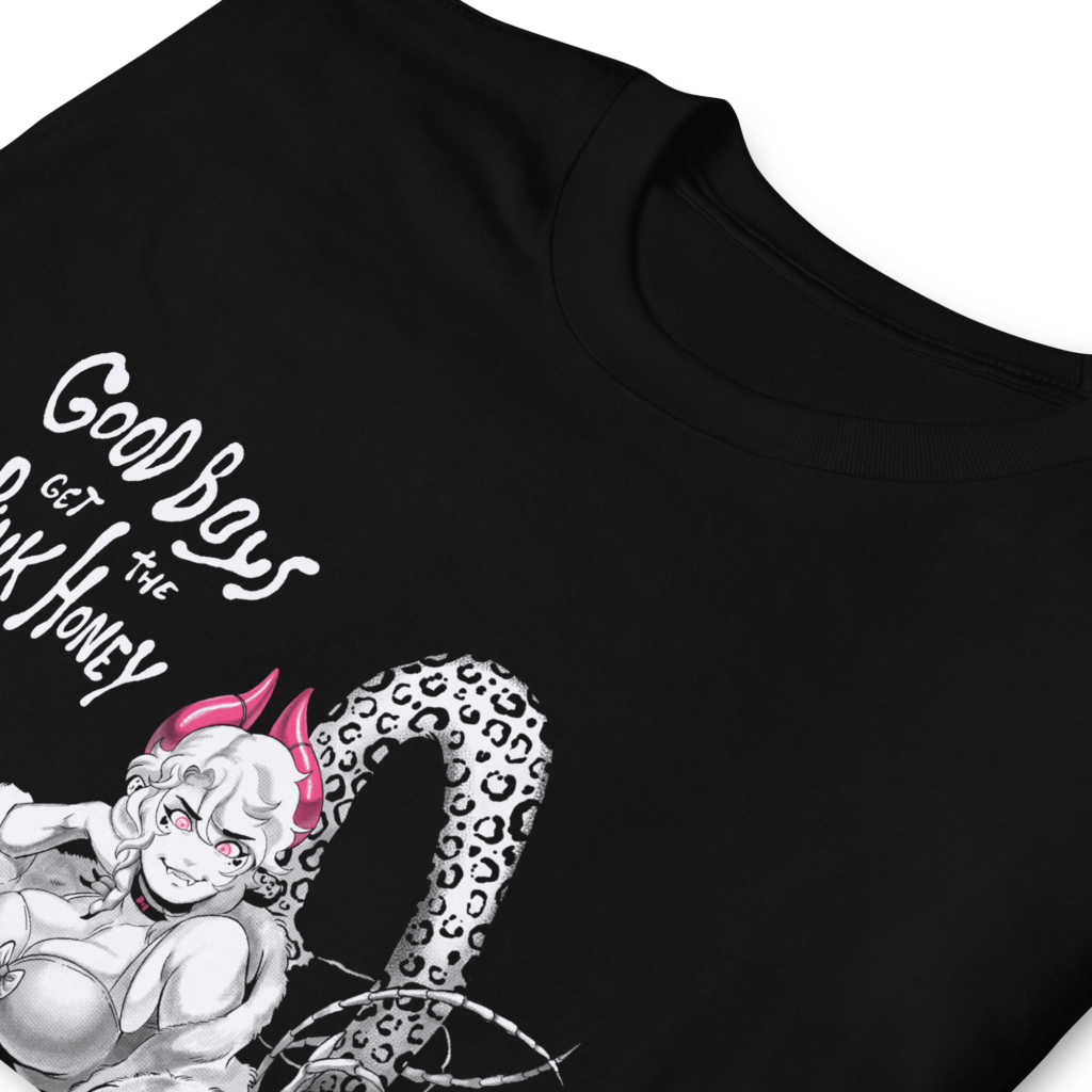 Good Boys get the Pink Honey - Dark fantasy and erotic powerplay t-shirt with demon girl and punk boy