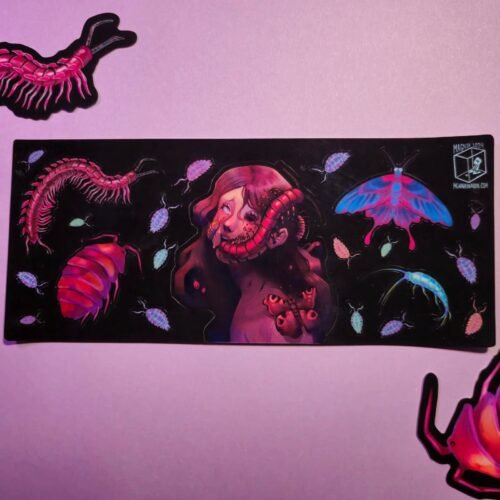 Glossy horror sticker sheet with bug girl and centipede face art by Magnta