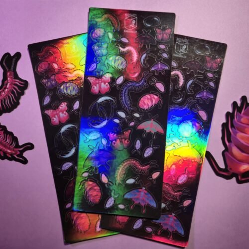Holographic bug sticker sheet with rainbow insect illustrations by Magnta