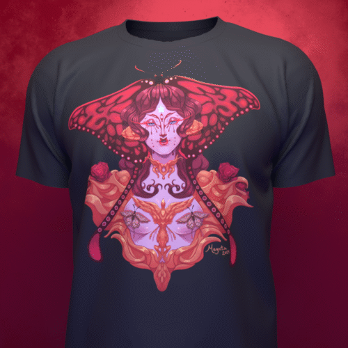 Art Nouveau butterfly goddess t-shirt with symmetrical surreal design by Magnta