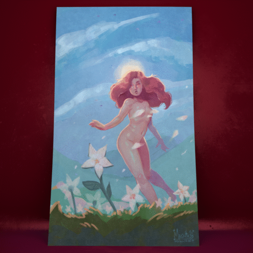 Divine Feminine Nature Art Print with a glowing nude woman surrounded by lilies in a soft prairie landscape, illustrated by Magnta.