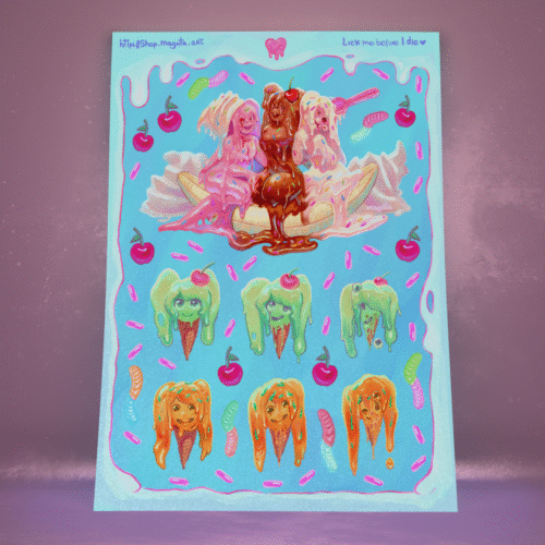 Kawaii horror stickers with food body horror, pastel gore, and summer themes by Magnta
