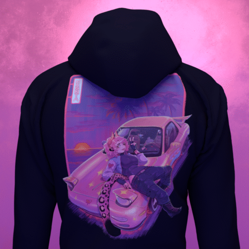 Back and front of Demon Catgirl Vaporwave Hoodie with zip-up design and bonus pin featuring original art by Magnta.