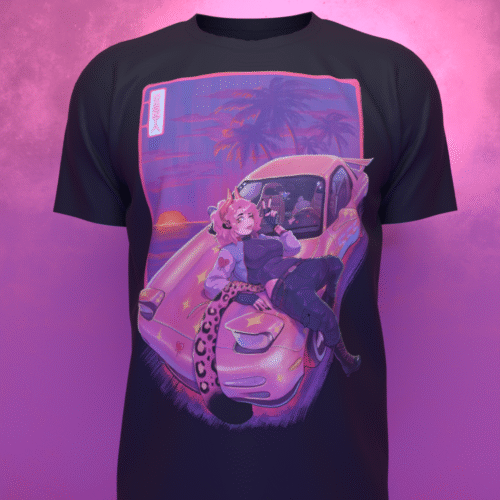 Demon Catgirl Vaporwave Car T-shirt with neon tour artwork by Magnta.