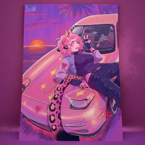 Vaporwave Demon CatGirl Art Print with pink car, sunset skyline, and leopard tail character lounging on hood, drawn by Magenta.