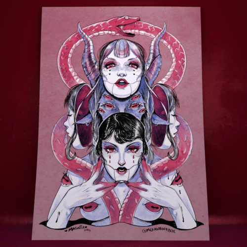 urreal Feminine Horror Art Print with nude multi-faced women, serpents, and symbolic composition, illustrated in red and lilac by Magnta.