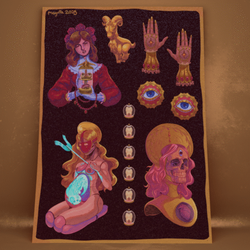 Occult Relic Sticker Sheet featuring doll, skull, sacred hands, glass eyes, goat statue, and mystical symbols with glittery paper finish by Magnta.