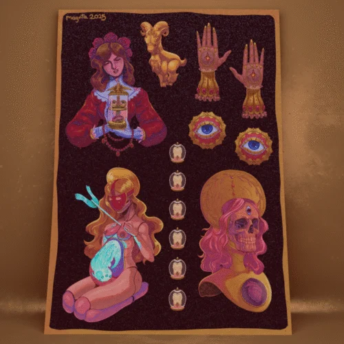 Occult Relic Sticker Sheet featuring doll, skull, sacred hands, glass eyes, goat statue, and mystical symbols with glittery paper finish by Magnta.