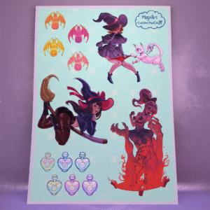 Cute Witch Sticker Sheet featuring magical potion bottles, cartoon witches, cat familiar, and demon sorceress on glossy paper, illustrated by Magnta.