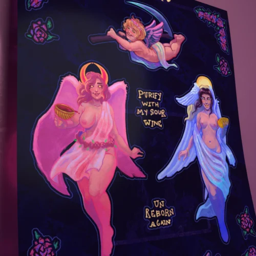 Angelic Rebirth Aesthetic Sticker Sheet with cherubs, flowing robed figures, roses, and gothic gold lettering. Illustrated in dark romantic tones by Magnta.