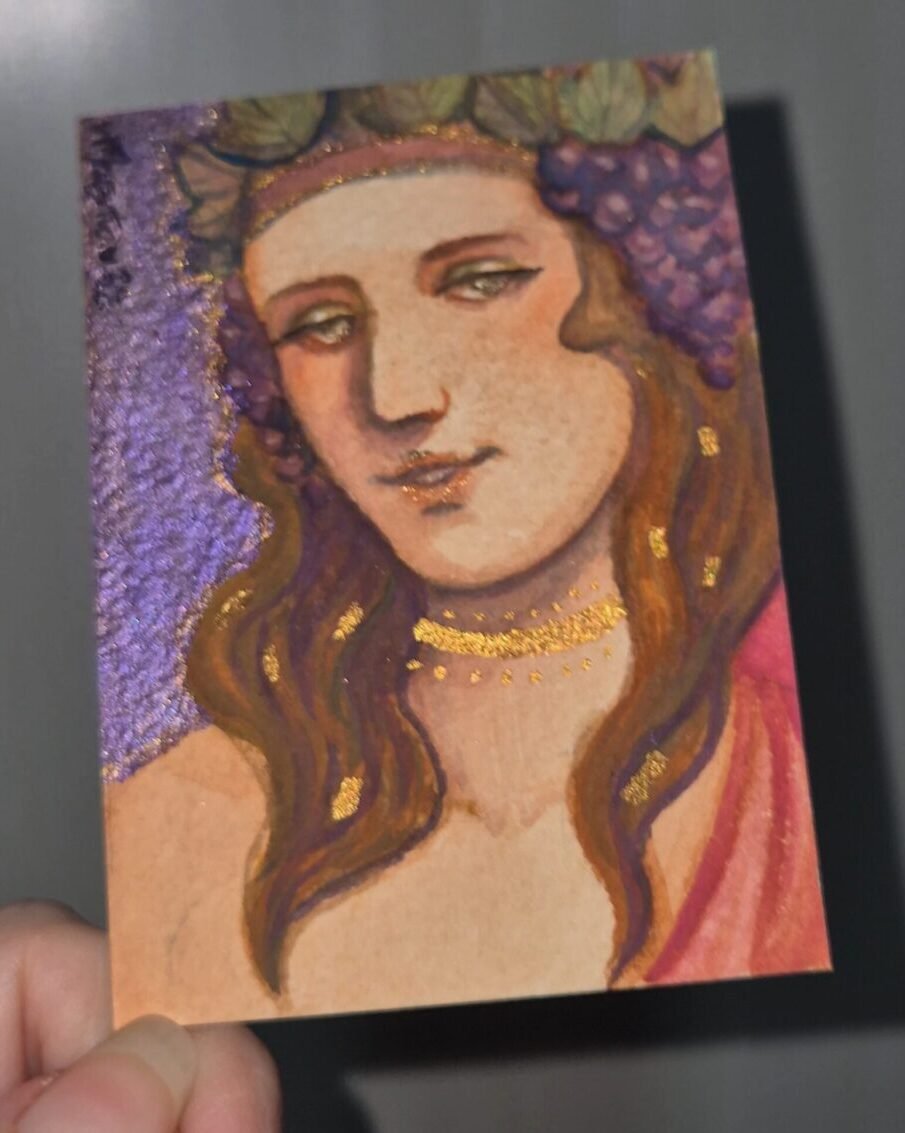 Dionysus Watercolor ACEO Original Art featuring a soft portrait with grape crown, metallic details, and classical Greek mythology inspiration.