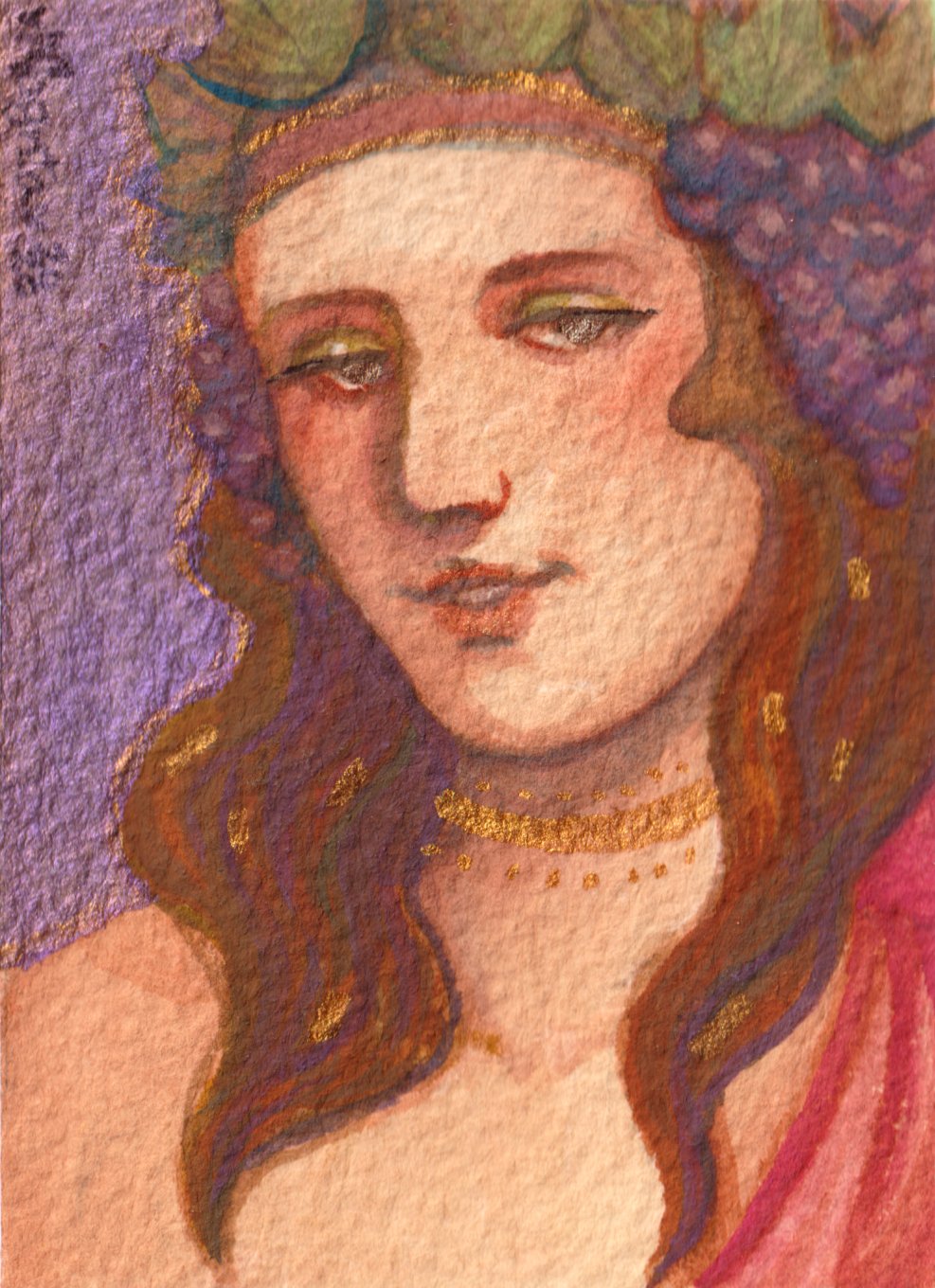 Dionysus Watercolor ACEO Original Art featuring a soft portrait with grape crown, metallic details, and classical Greek mythology inspiration.
