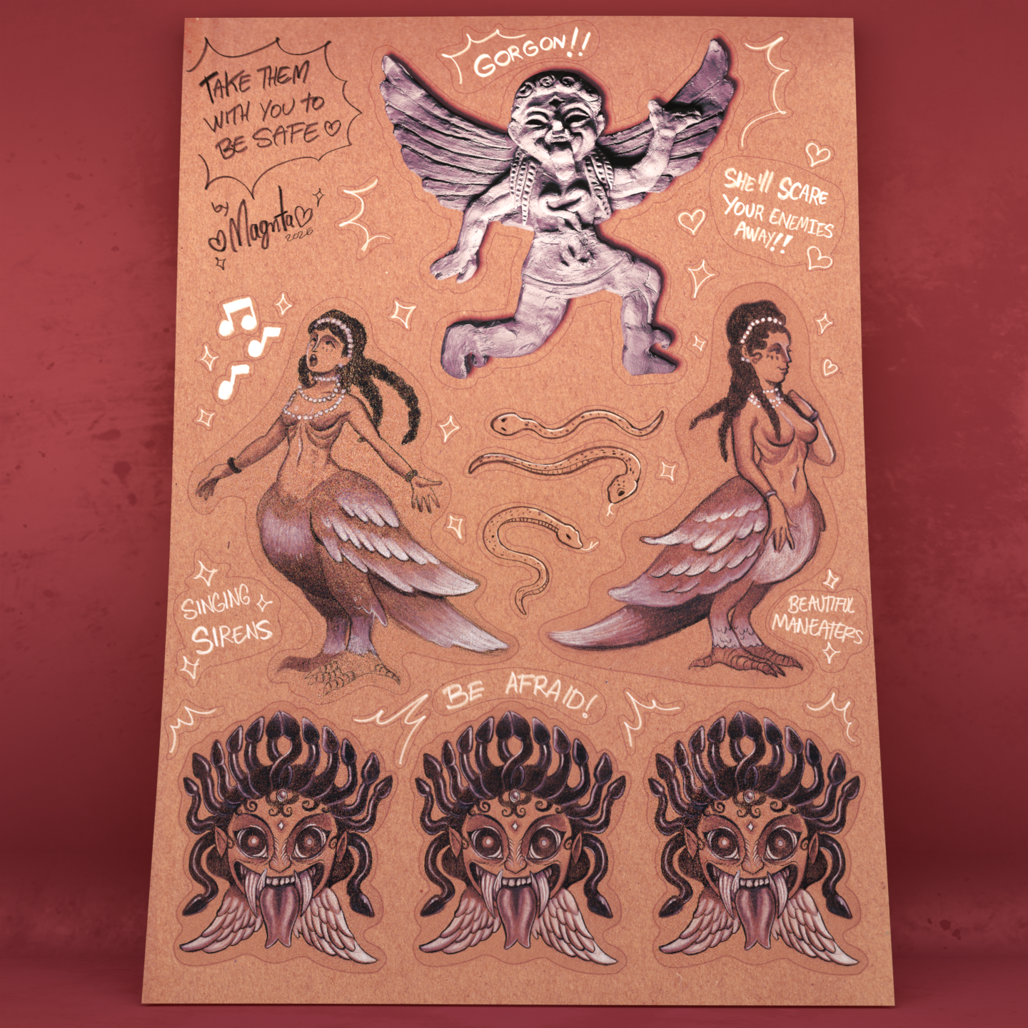Sirens and Gorgons Sticker Sheet featuring Greek mythology creatures, winged sirens, protective gorgon faces, and hand-drawn decorative details.