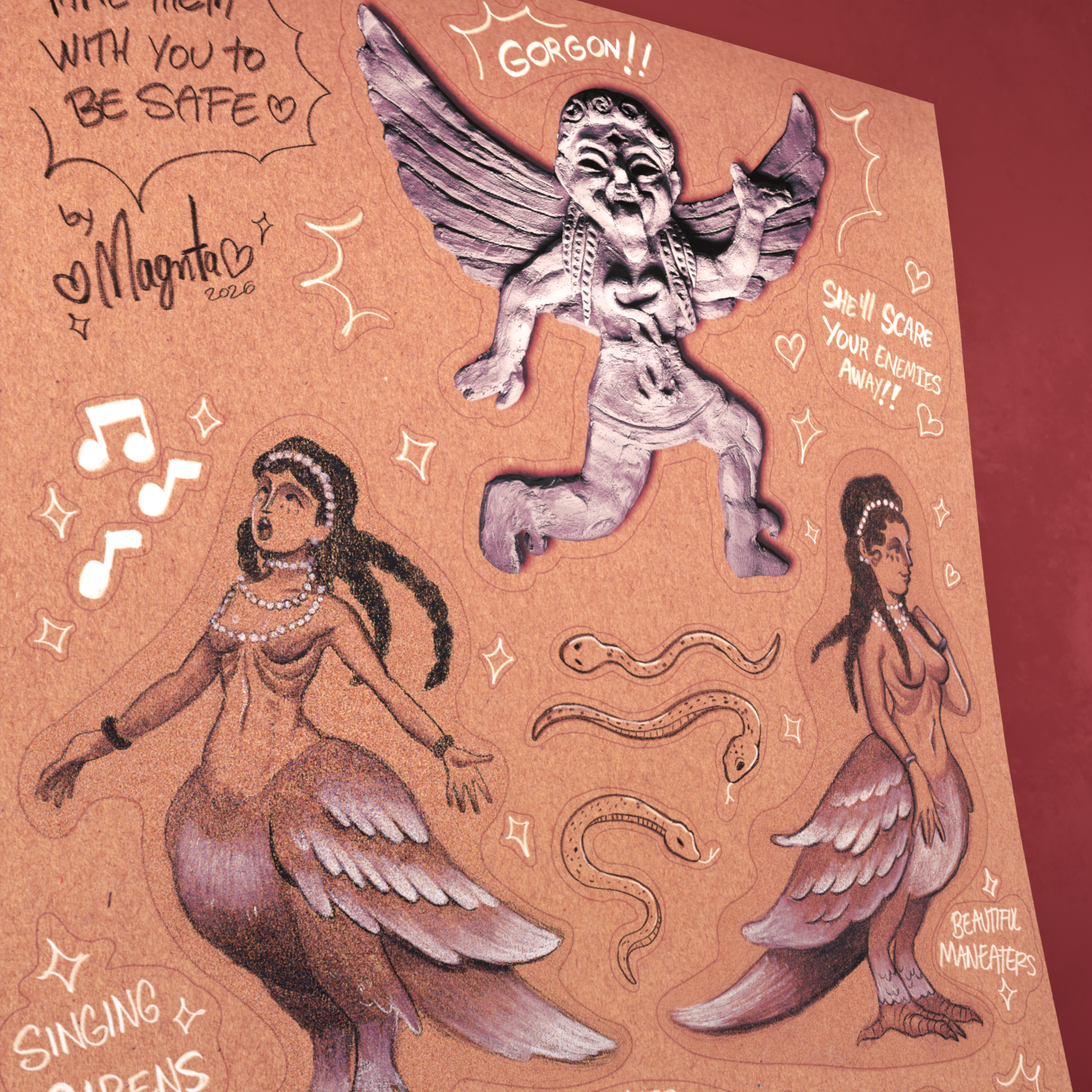 Sirens and Gorgons Sticker Sheet featuring Greek mythology creatures, winged sirens, protective gorgon faces, and hand-drawn decorative details.