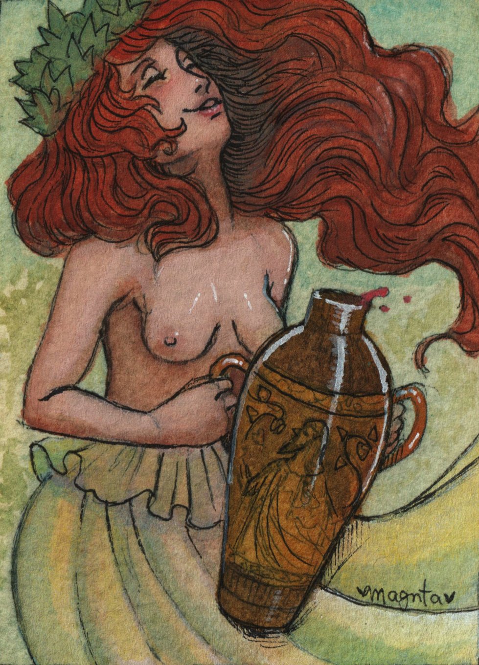 Watercolor ACEO Original Art :: The Wine Girl - Image 3
